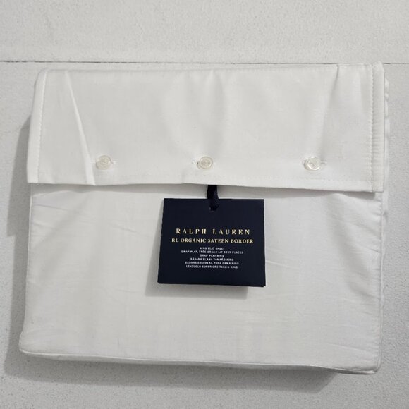NWT Ralph Lauren RL Organic Sateen Border King Flat Sheet White 624 TC Classic - Picture 1 of 8